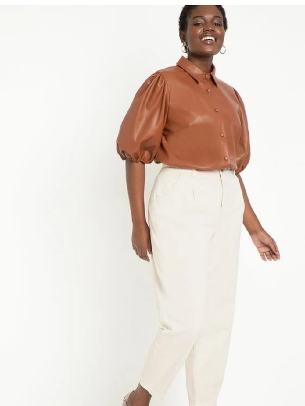 NWT Marc New York Size Large Women's Faux Leather Puff-Sleeve Top‎ in Cognac